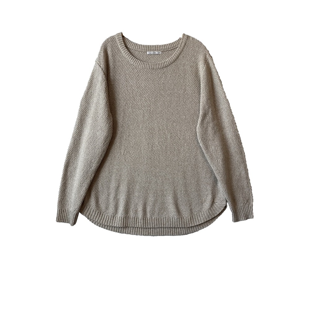Pink Clover Beige Textured Waffle Knit Sweater 2X Crewneck Cozy Pullover Neutral